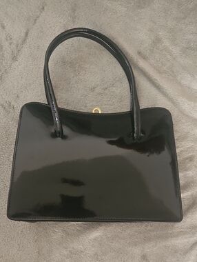Structured Black Patent Shoulder Bag with Dual Handles